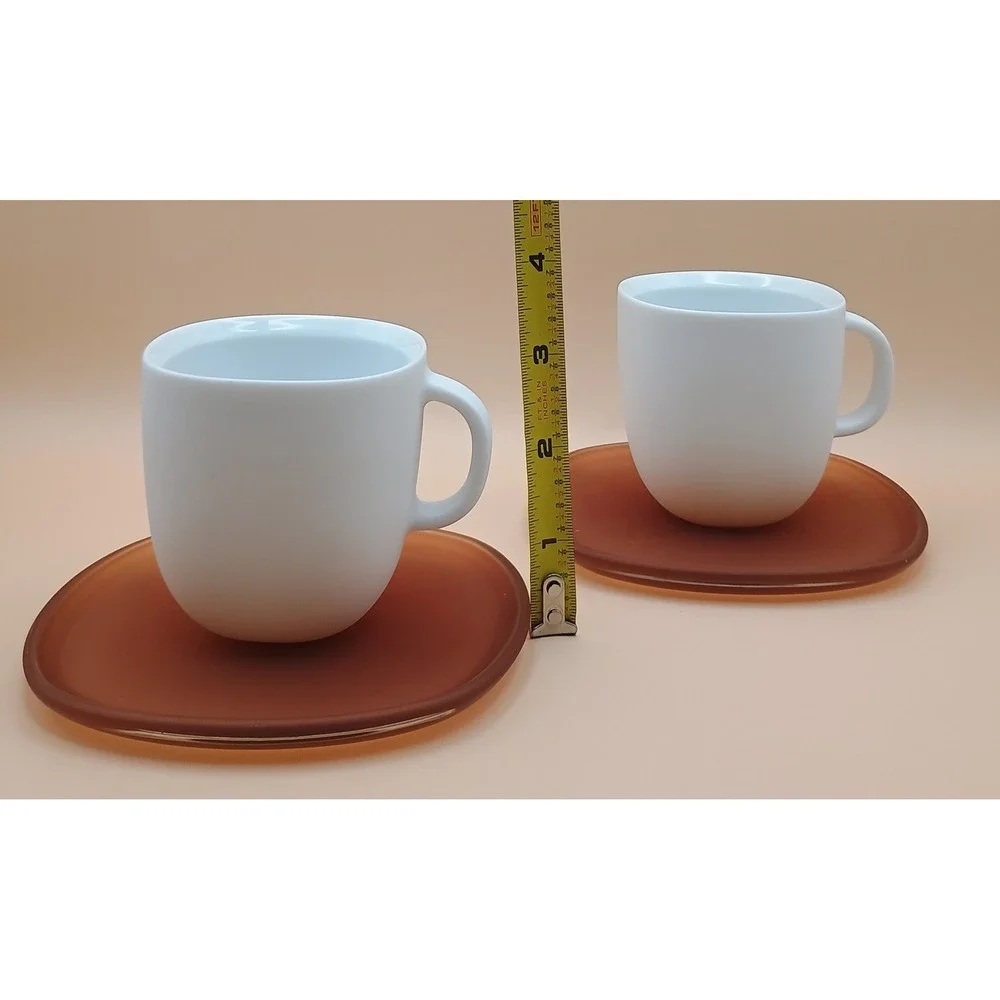 Modern‎ Matte White Espresso Cup and Amber Frosted Glass Saucer Set of 2